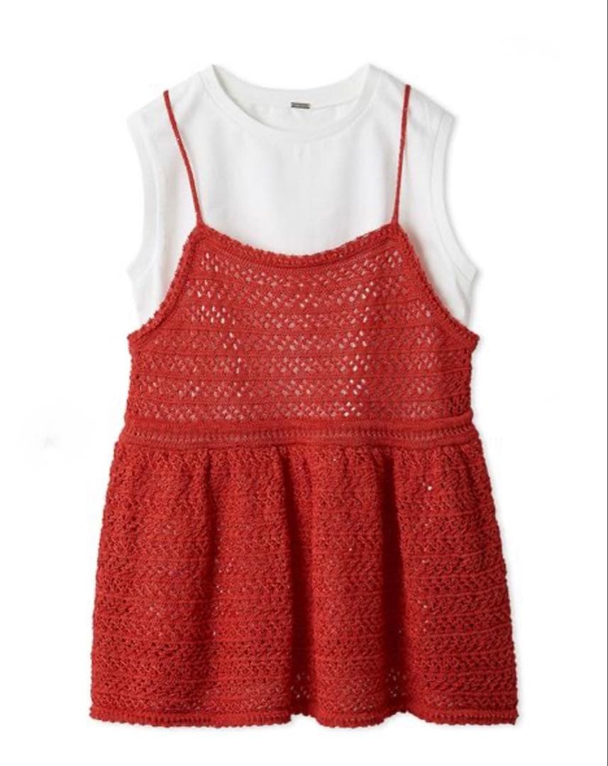 【ウォッシャブル】クロシェニットキャミ×ノースリトップス