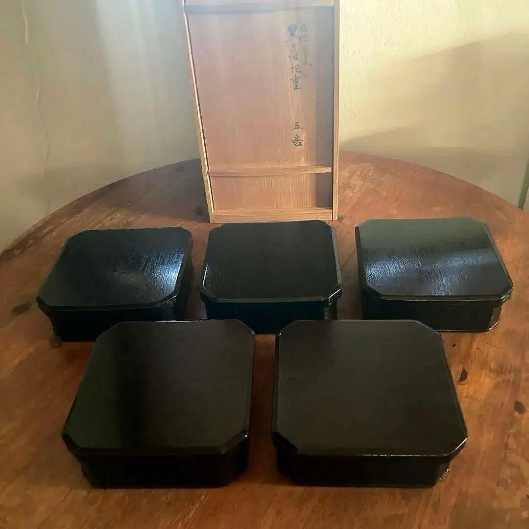 輪島塗　松華堂　山崖宗陽　蒔絵銀杏　黒塗　縁高重　五客セット