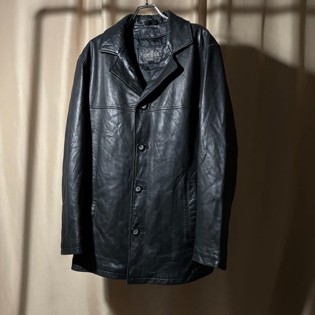 90s - GUESS レザージャケット　革ジャン　レザーカーコート　黒　羊革 レア 90s GUESS USA本革レザージャケット カーコート ダブル 黒 M 黒