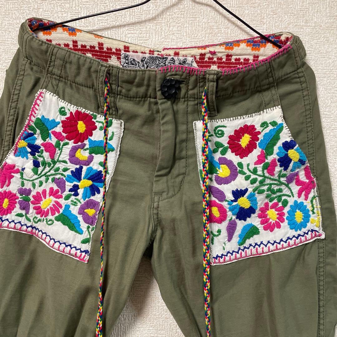 刺繍デザイン オリーブグリーン ミリタリーパンツ