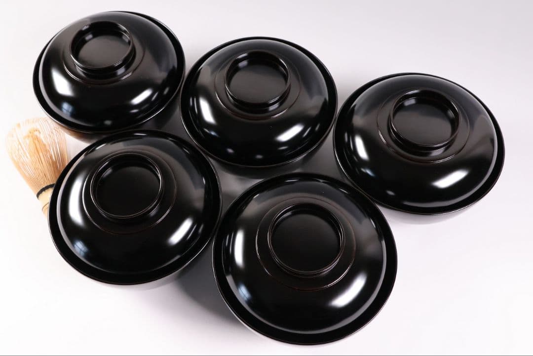 MB197】輪島塗 天然木漆塗 黒塗椀 五客 蒔絵 大和絵 源氏絵 人物 昭和