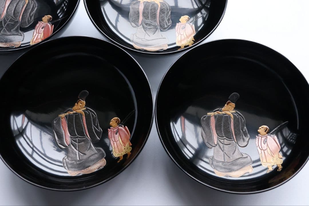 MB197】輪島塗 天然木漆塗 黒塗椀 五客 蒔絵 大和絵 源氏絵 人物 昭和