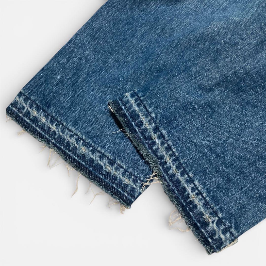 現行☆45R ライ麦デニムのクロスオーバーパンツ 淡 革パッチ カット