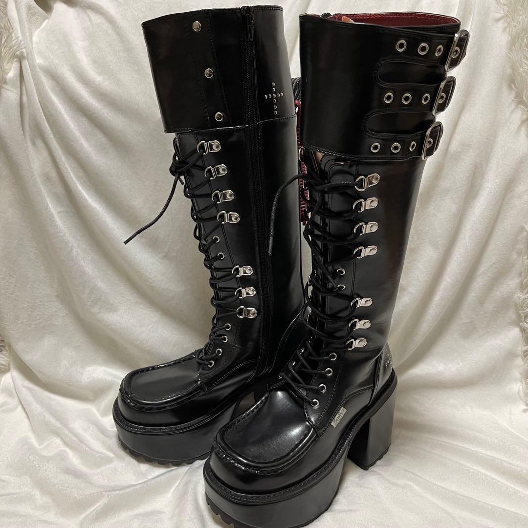 限定品 YOSUKE ヨースケ 厚底 地雷 レースアップ ロングブーツ ベルト