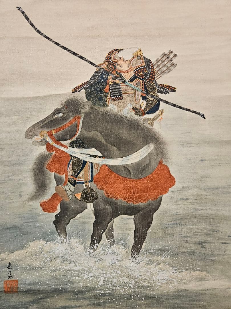 辻春斎 『梶原景季宇治川先陣図』 真作 肉筆　絹本彩色 掛軸