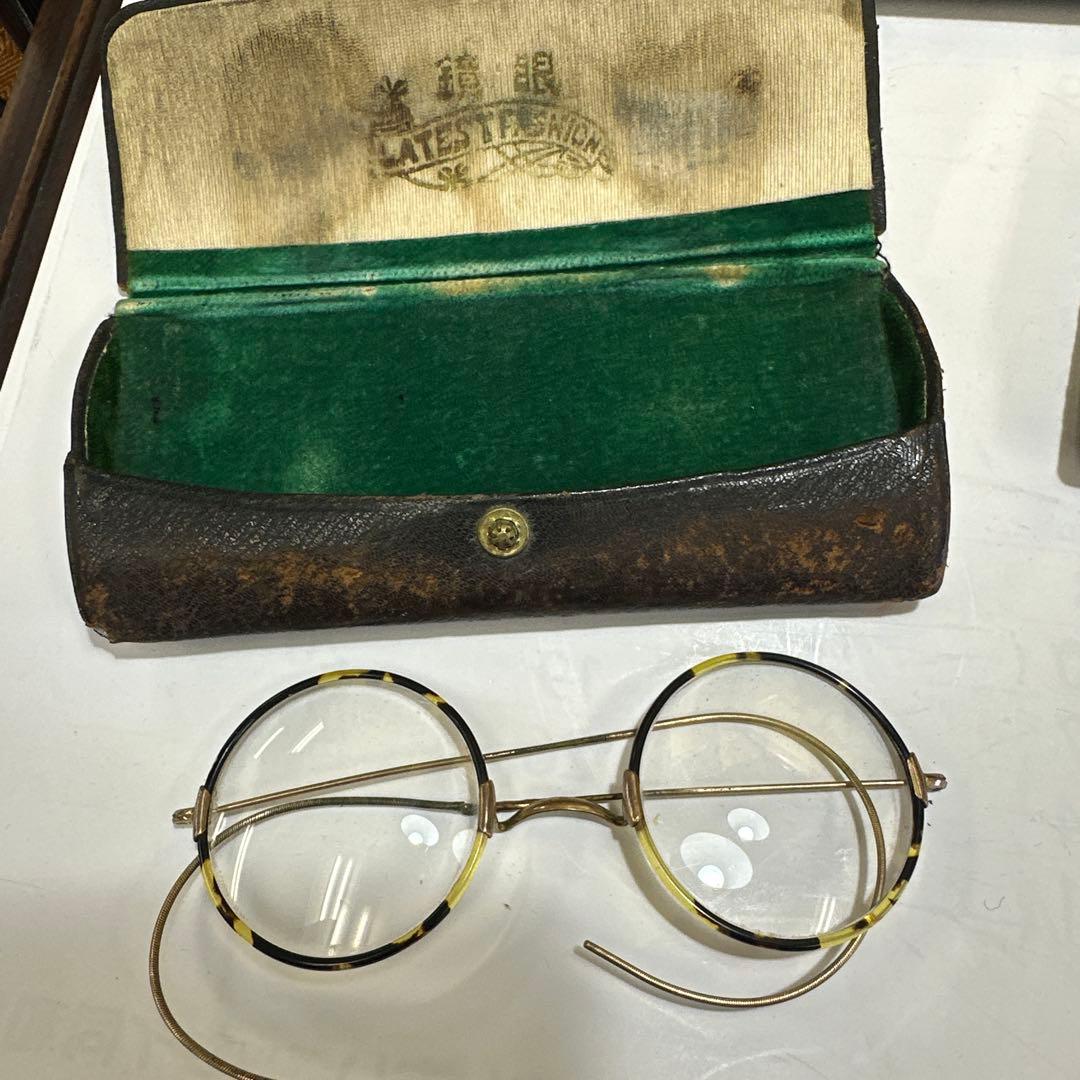 k5金，金製，水晶，眼鏡，鼈甲，金工，江户，インテリア，ケースと丸型メガネセット