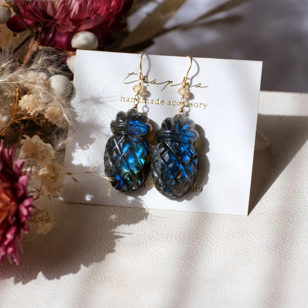 R✴︎H ♦︎14kgfラブラドライトパイナップルカービングピアス/イヤリング