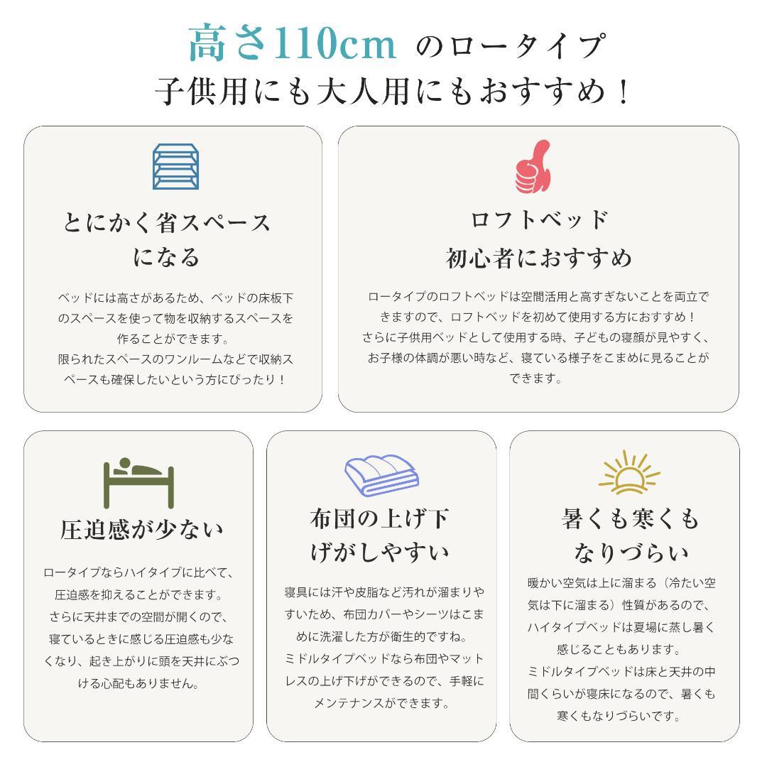 S・高110CM】ロフトベッド下収納 ロフト ベッド 省スペース WHITE