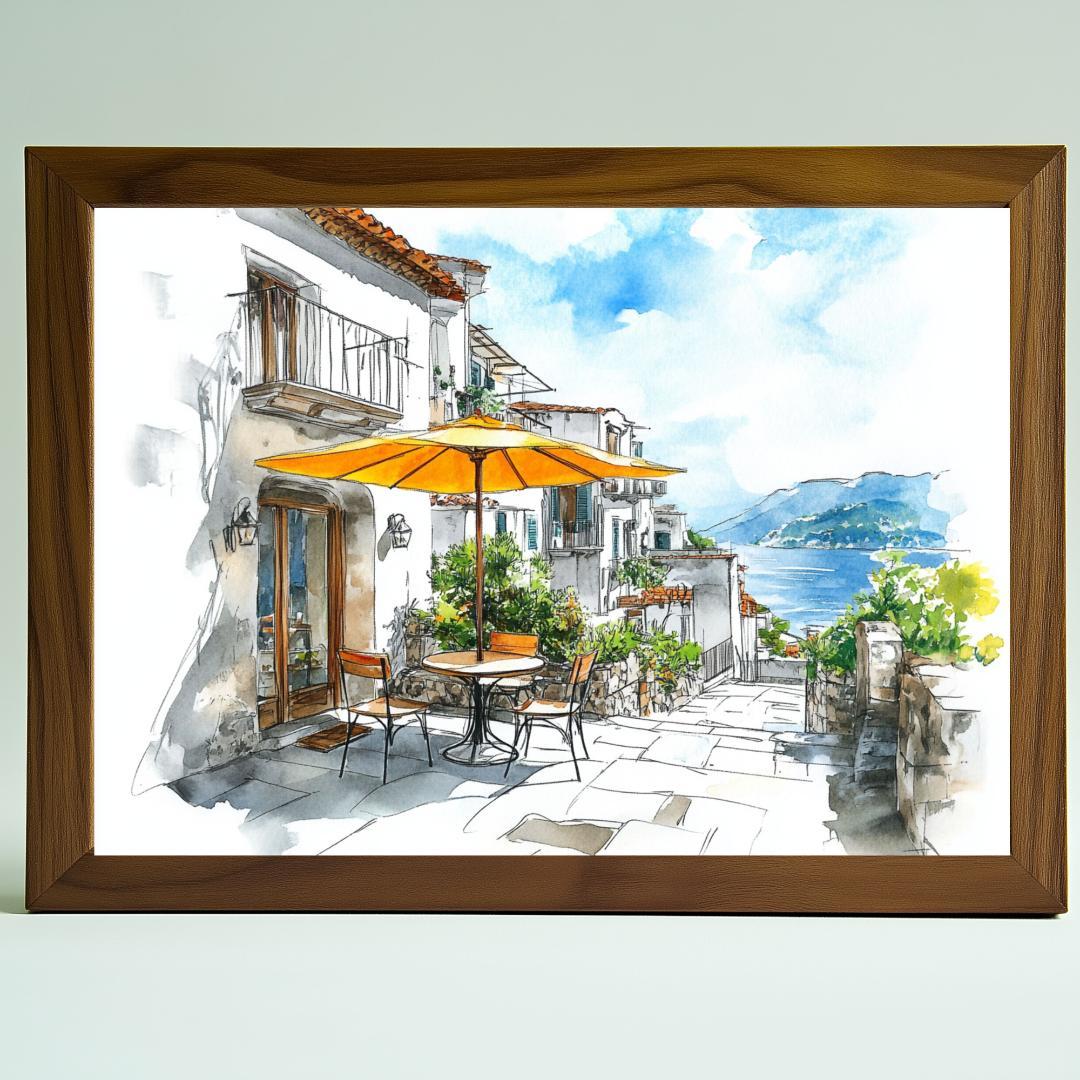 A4【アマルフィ海岸のカフェ風景】水彩＆ペン画風アート インテリア