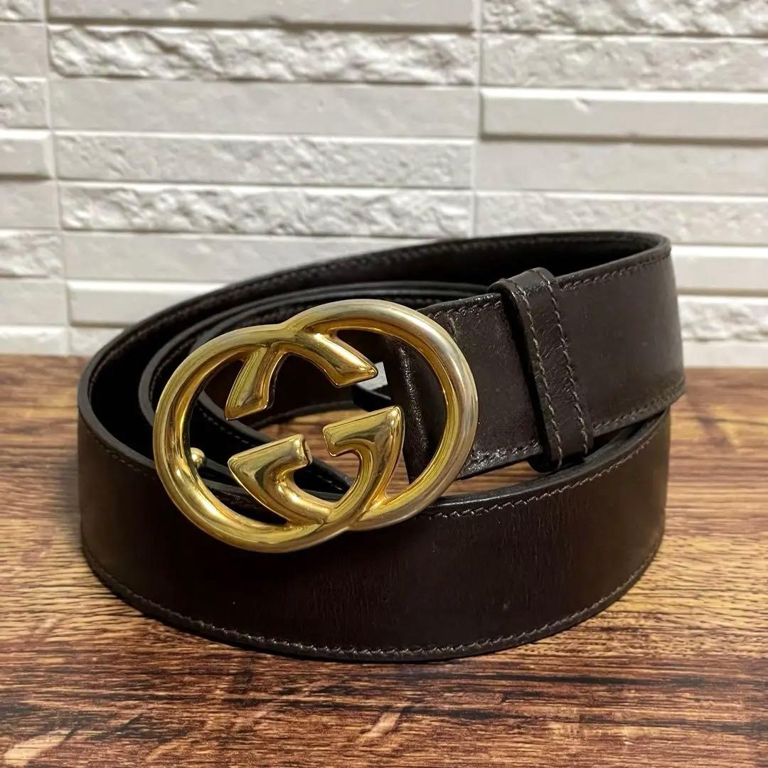 グッチ GG インターロッキング バックル ベルト レザー ゴールド ブラウン