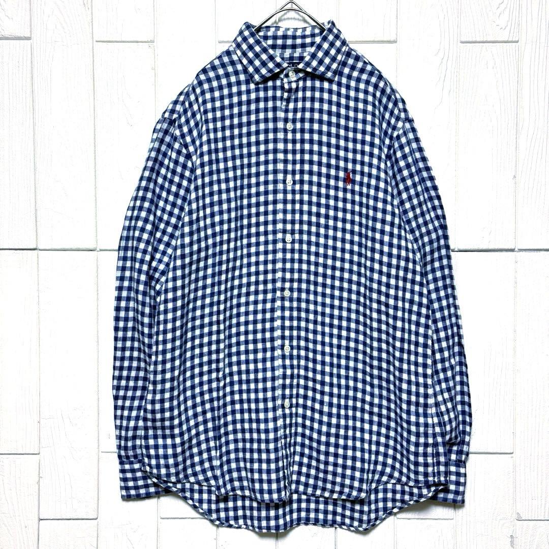 美品 ポロラルフローレン リネン100% ギンガムチェック シャツ ポニー