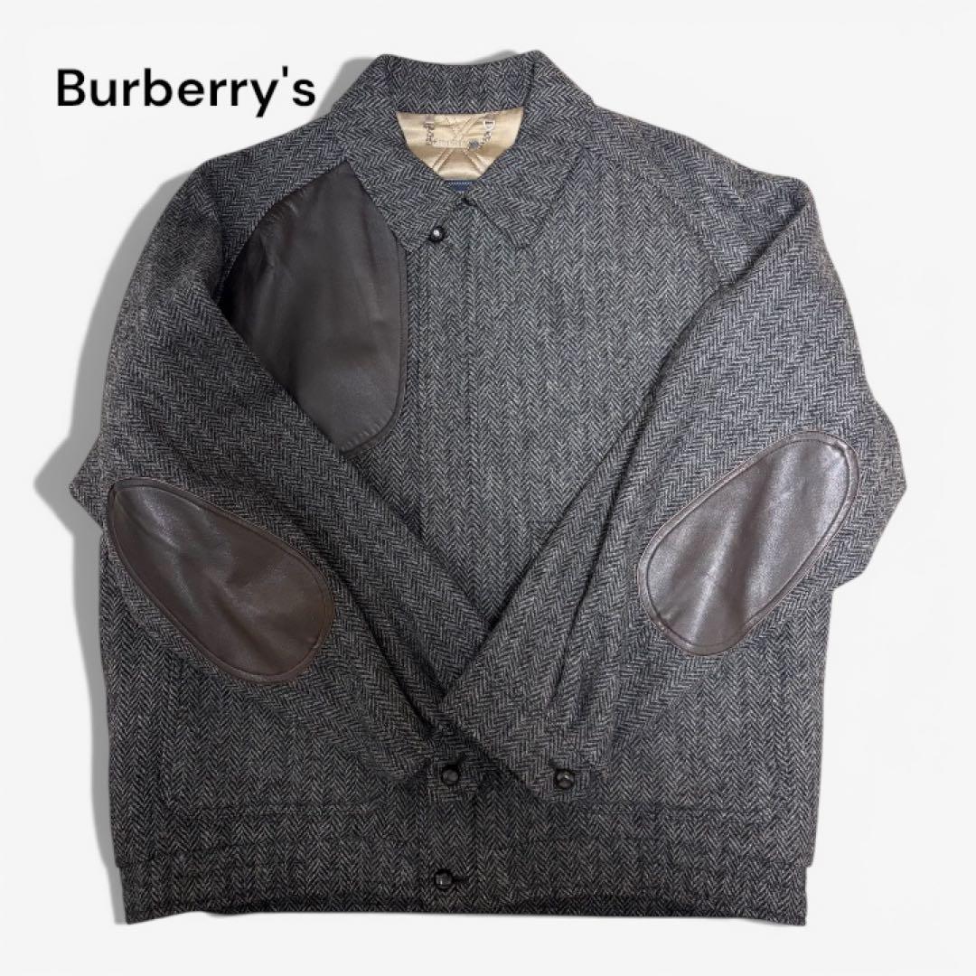 【良品】Burberry ウール ツイードブルゾン M レザーパッチ チンスト付