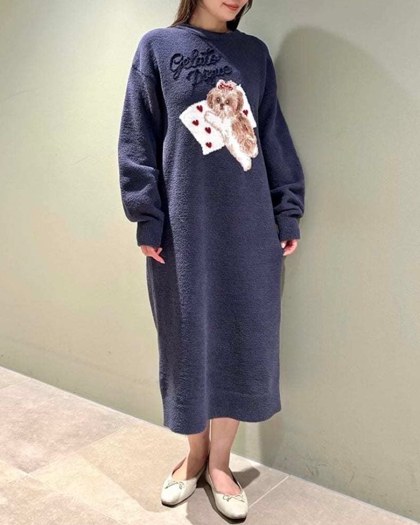 ジェラートピケ シーズー ジャガードワンピース ネイビー 新品 犬柄