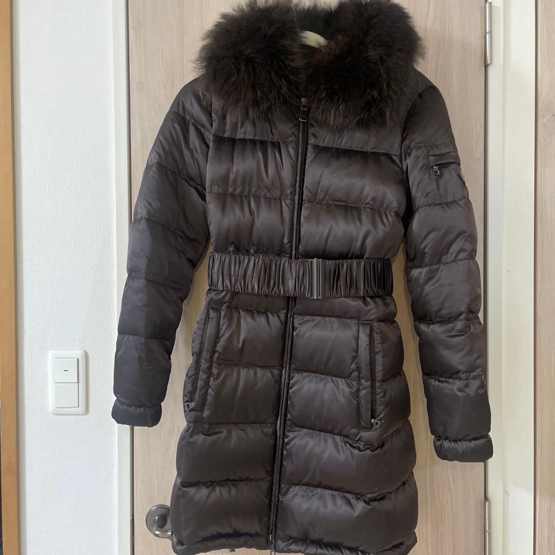 PRADA ダウンコート ロング ファー フード取外し　ベルト ダークブラウン