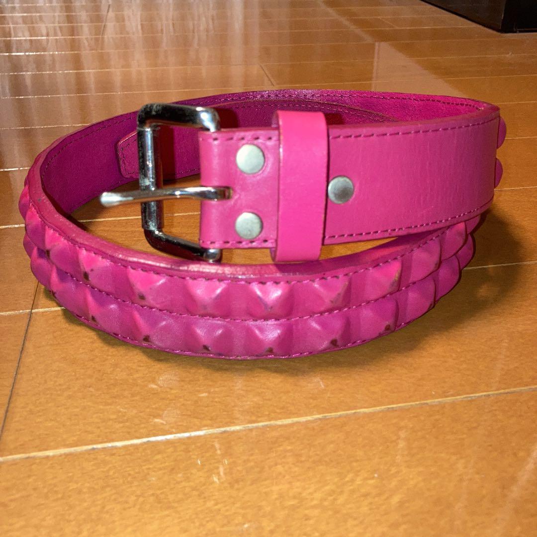 希少☆スタッズ革ベルト☆ピンク 2連スタッズベルト W30〜W35相当
