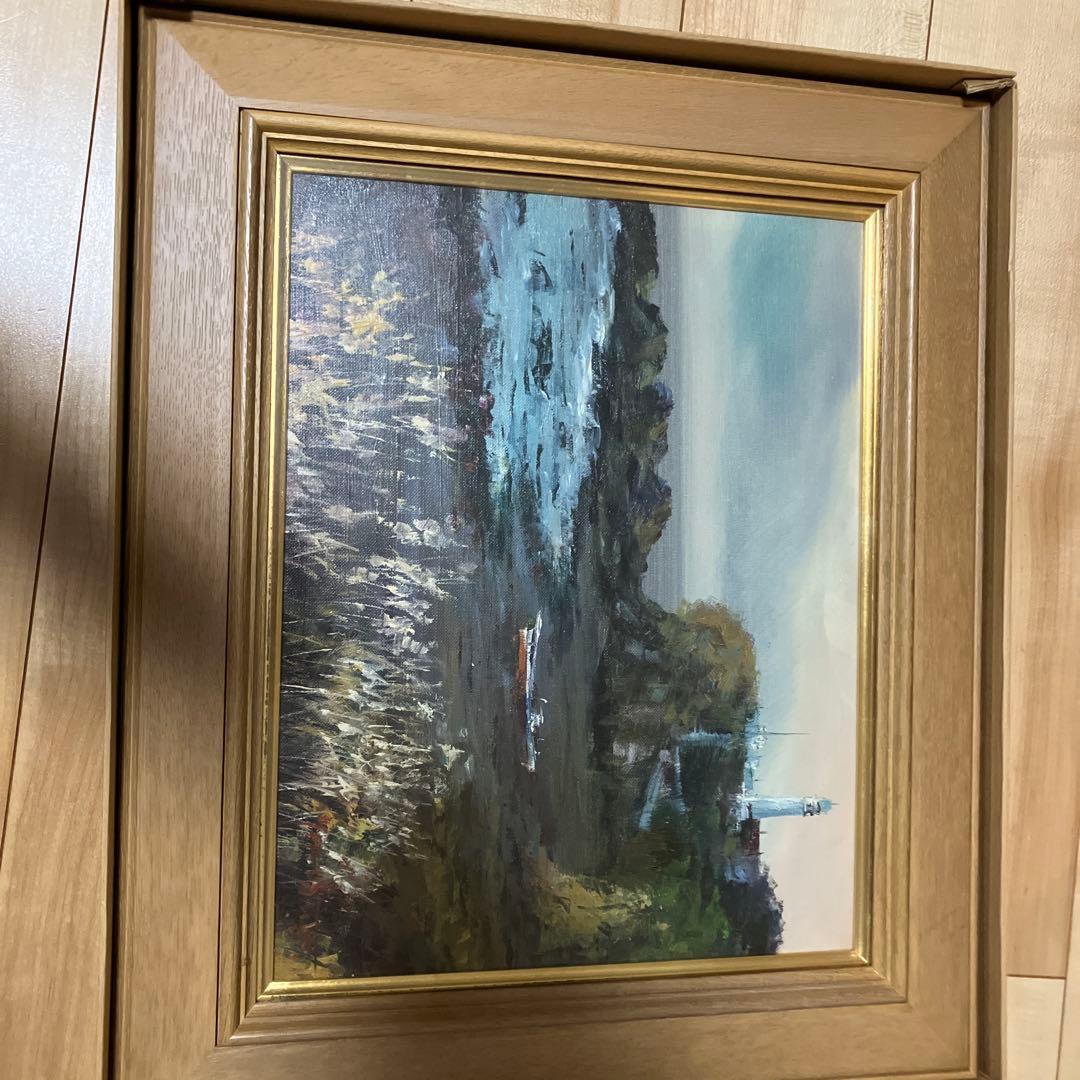 灯台と海の風景 油彩画 木製フレーム付き