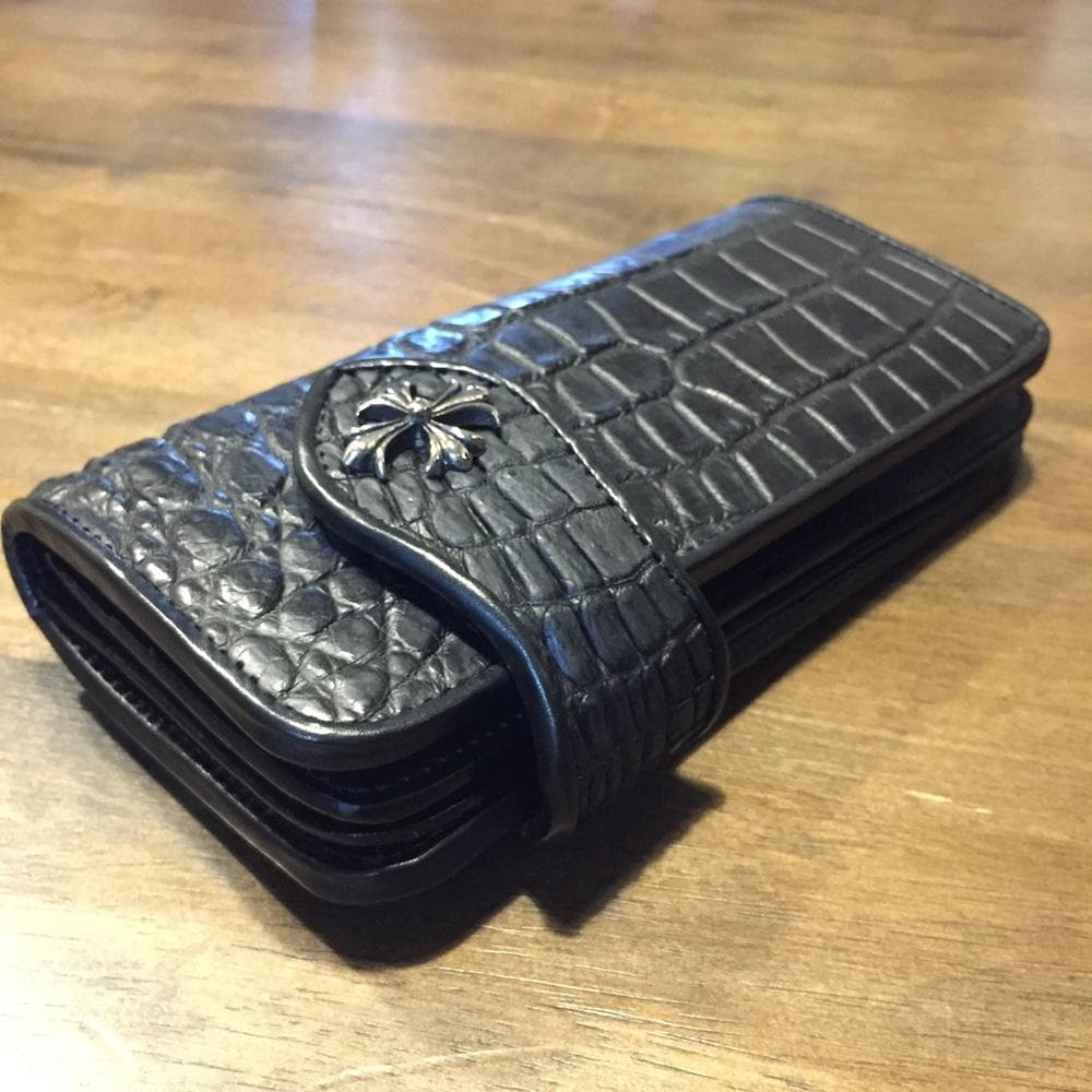 新品！高級‼クールなオールブラック！クロコダイル ワニ本革 バイカーズウォレット バイカーズウォレット05 クロコダイル ブラック（ワニ革）│メンズ革