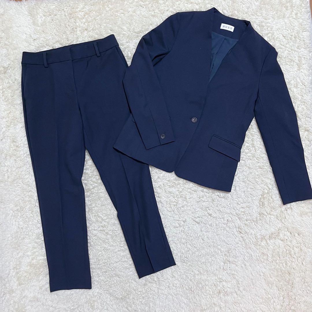PLST　洗える　パンツスーツ　セットアップ　ノーカラージャケット　紺　M