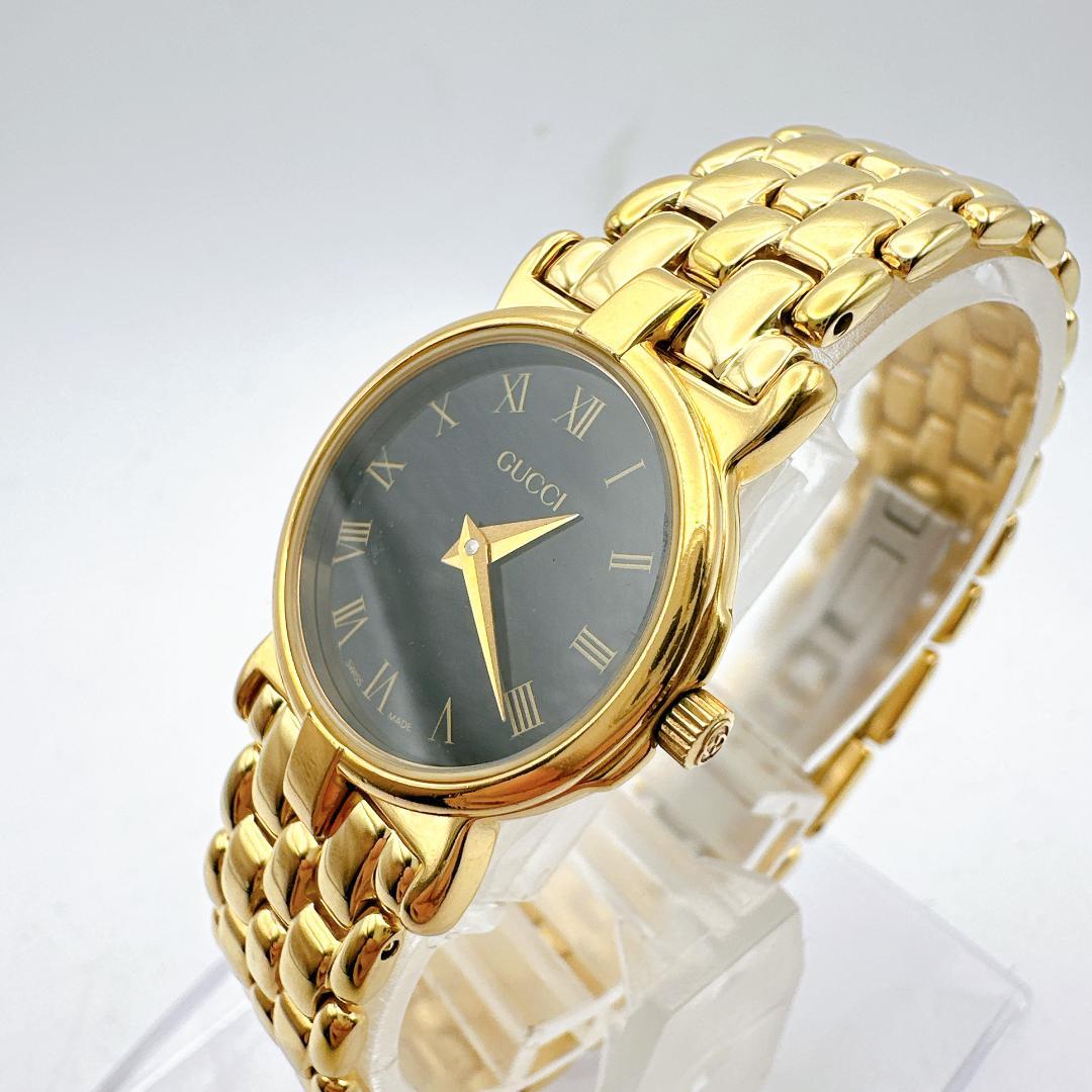 美品 稼動 GUCCI グッチ レディース腕時計 3400L ゴールド 黒文字盤