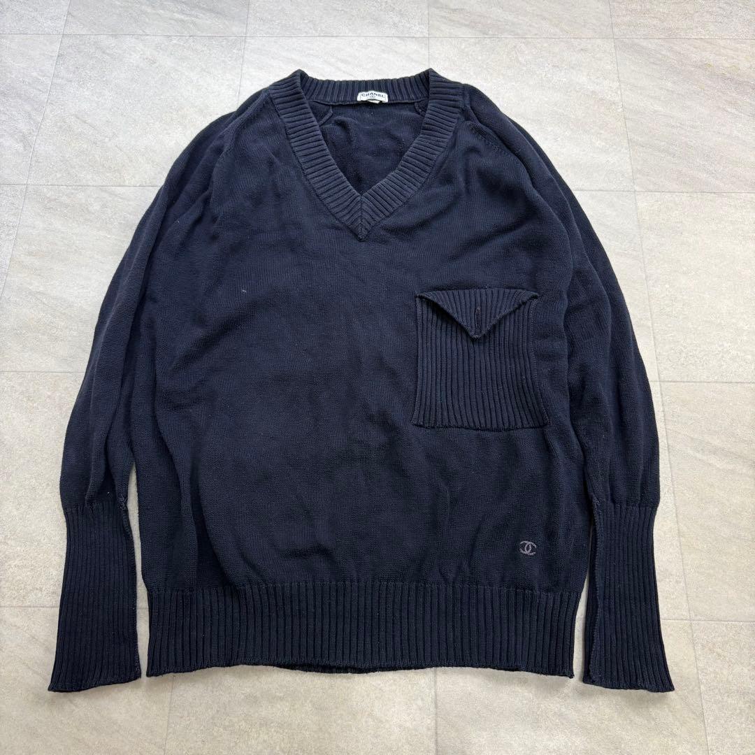 マン様CHANEL シャネル セーター ココマーク コットン ネイビー Vネック マン様CHANEL シャネル セーター ココマーク コットン ネイビー V