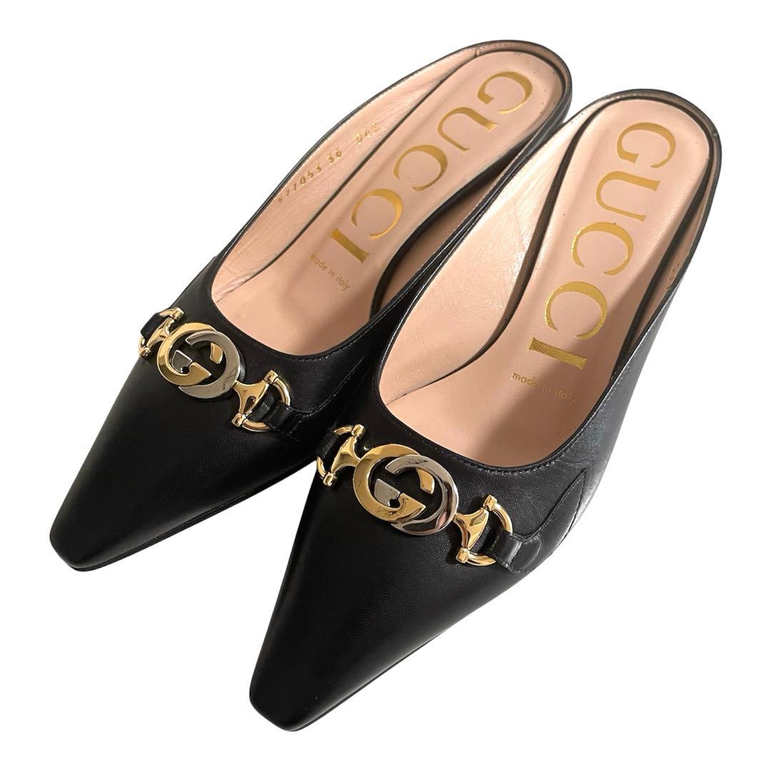 【新品未使用】GUCCI ブラックレザーパンプス GG ホースビット 36
