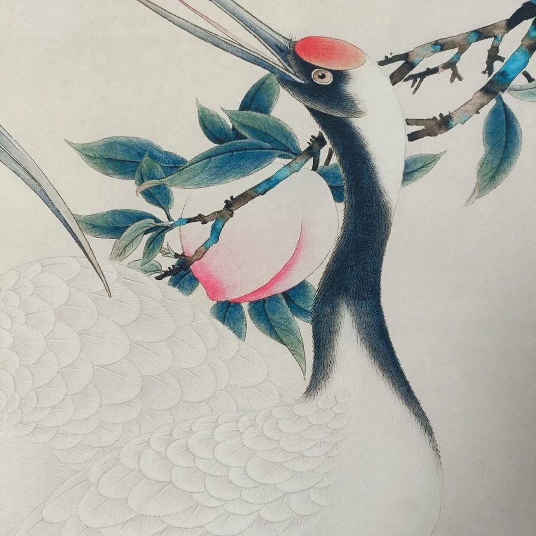 斉白石 賀寿図 掛け軸 三尺中堂 中国書画 鶴 桃図 証書付 70×173cm