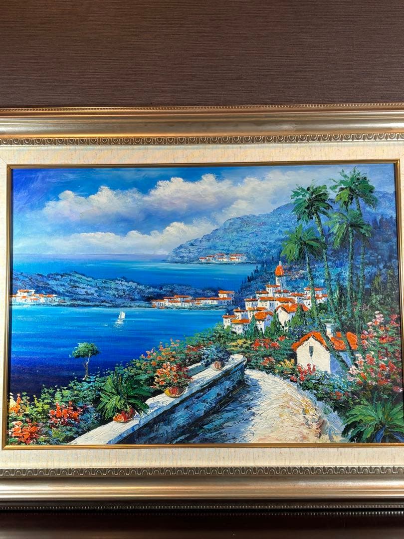 セルジュ・ルゴンによる「地中海への道」 風景画 油彩 海と町の風景