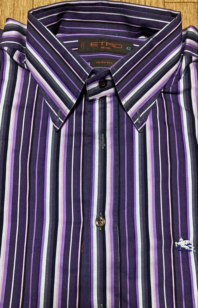 エトロ ETRO スリムフィット 長袖ボタンダウン42 マルチカラ−ストライプ