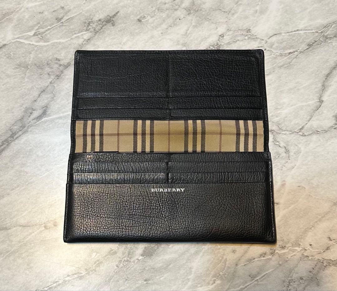 バーバリー ノバチェック シボ革 シュリンクレザー 長財布 ブラック