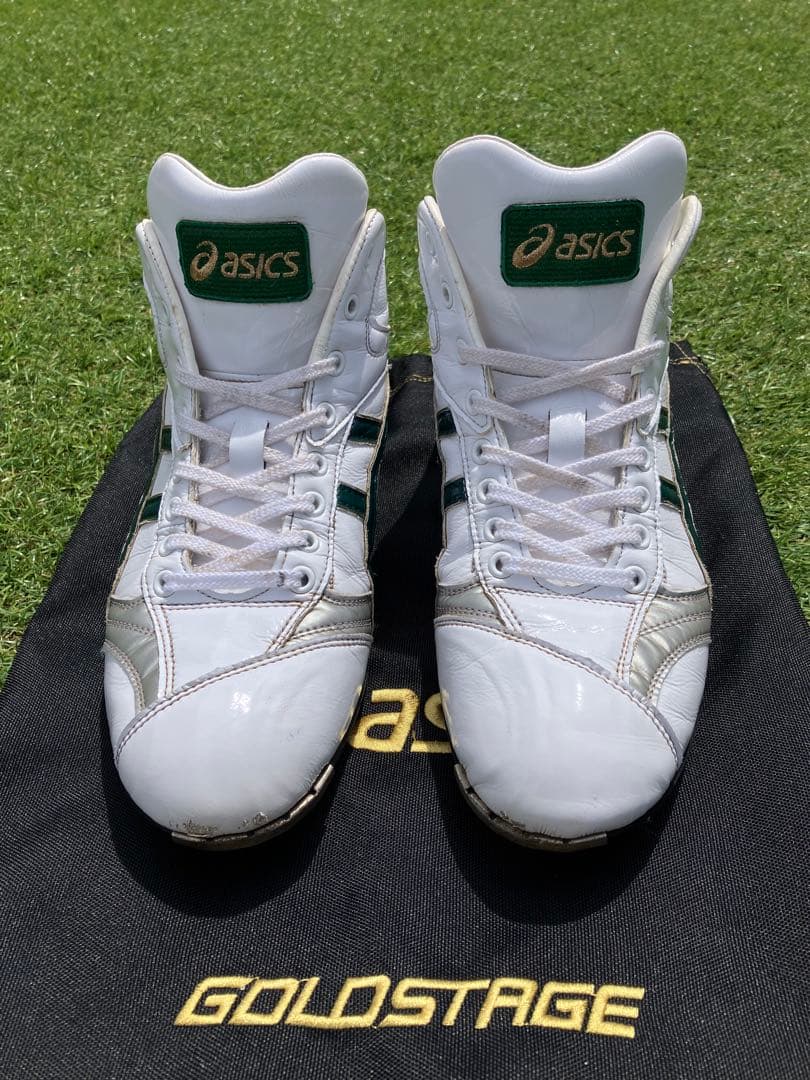 アシックス オーダー 野球 スパイク 白 緑ライン 金属スパイク