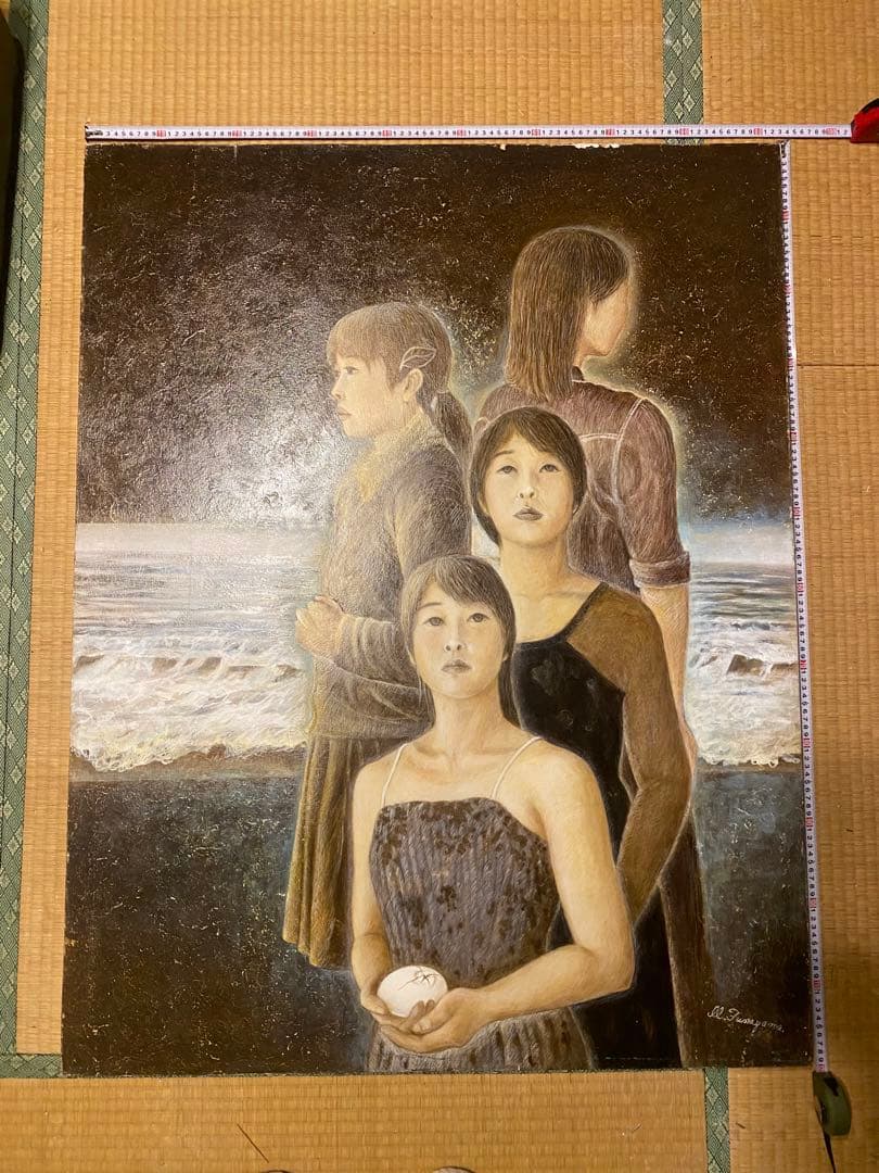 アクリル画 女性の肖像 海の風景 約92cm x 120cm