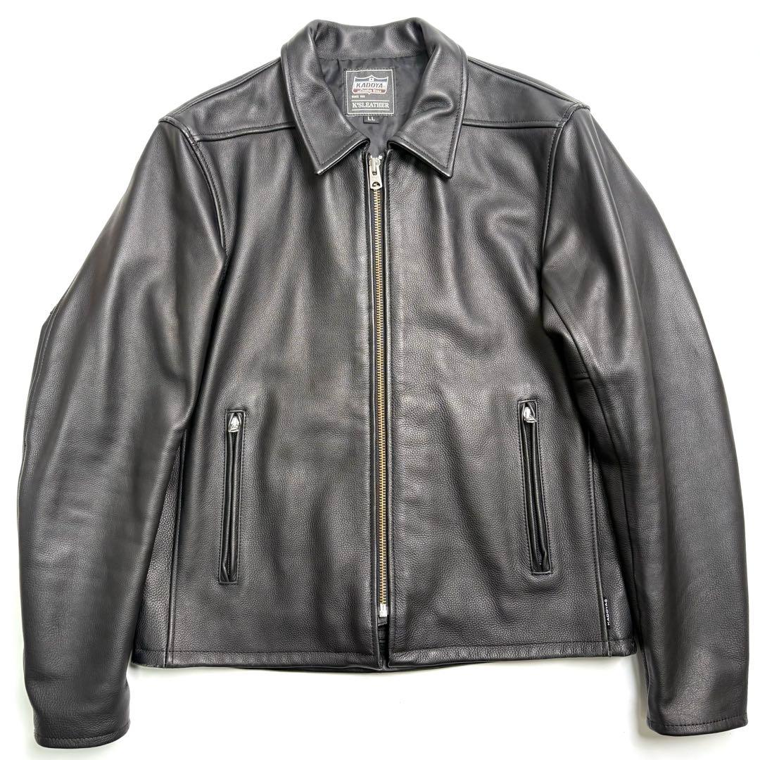 【牛革】KADOYA レザー ライダースジャケット 黒 LL 衿付 シングル