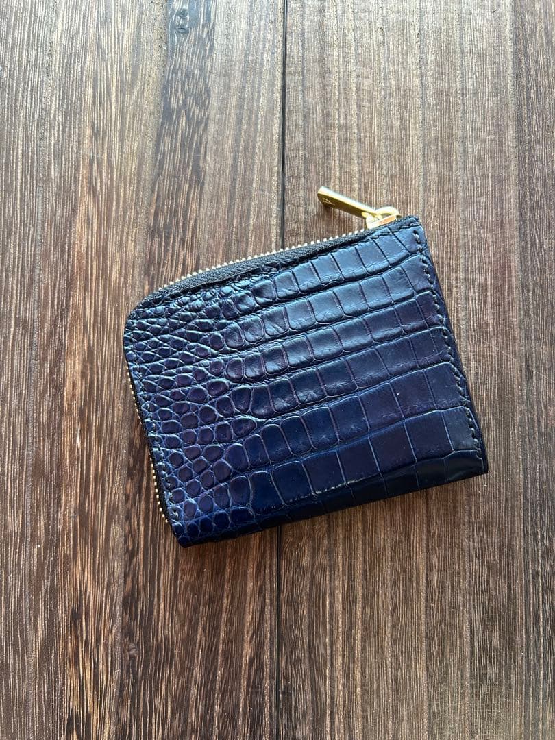 クロコダイル　ポロサス　藍染　コンパクトウォレット　L字ファスナー　ハンドメイド