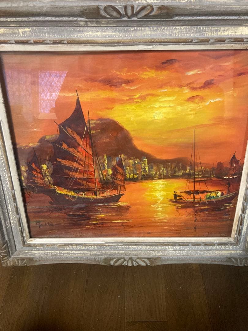 絵画　帆船　海　夕陽