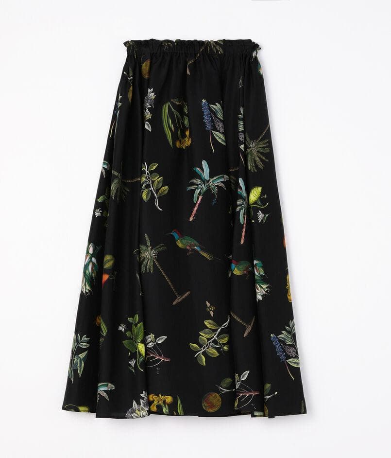 美品CABaNキャバン シルク　ボタニカルプリント ミディギャザースカート 花柄