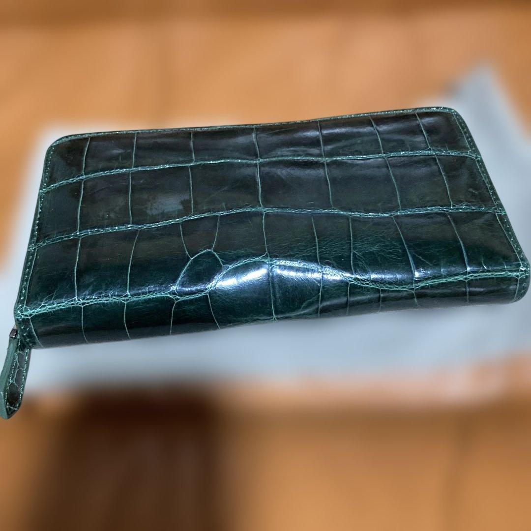 イサ　ダークグリーン シャイニングクロコ　長財布 クロコダイル長財布 メンズ財布 クロコダイル 緑 メンズ 長財布