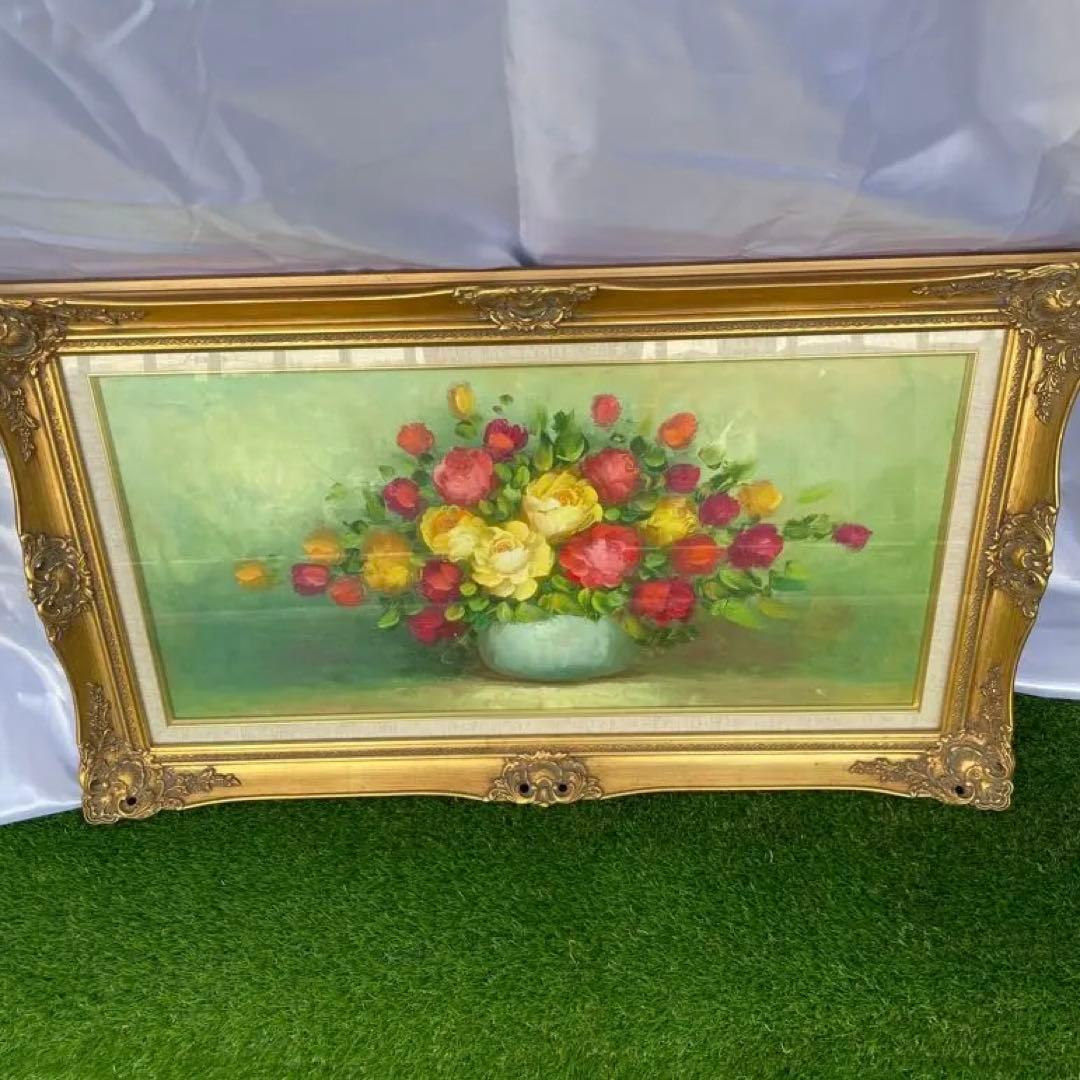 薔薇花瓶　油彩画 装飾フレーム付き