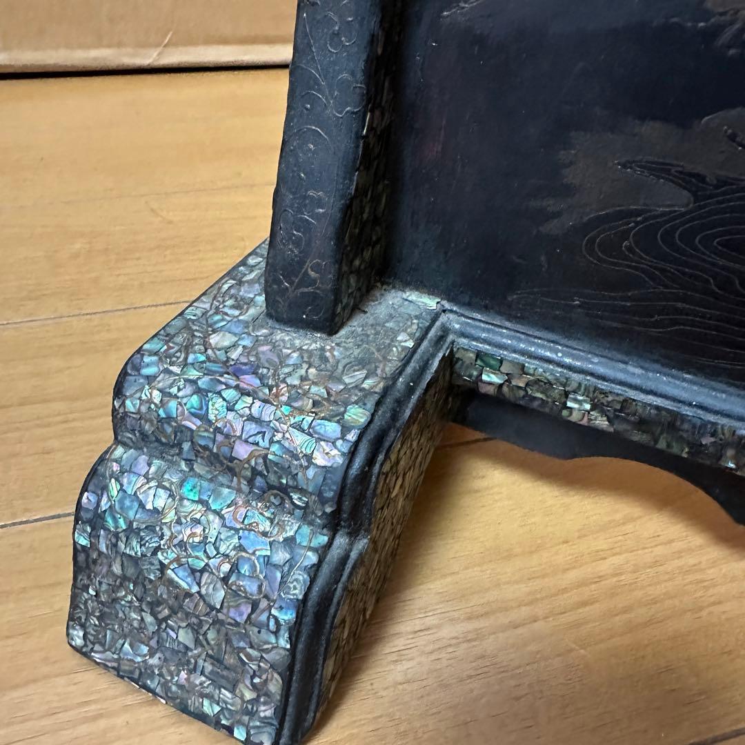 時代物 木製 螺鈿細工 富士山 刀掛け 3本掛 高さ約40.5cm 螺鈿