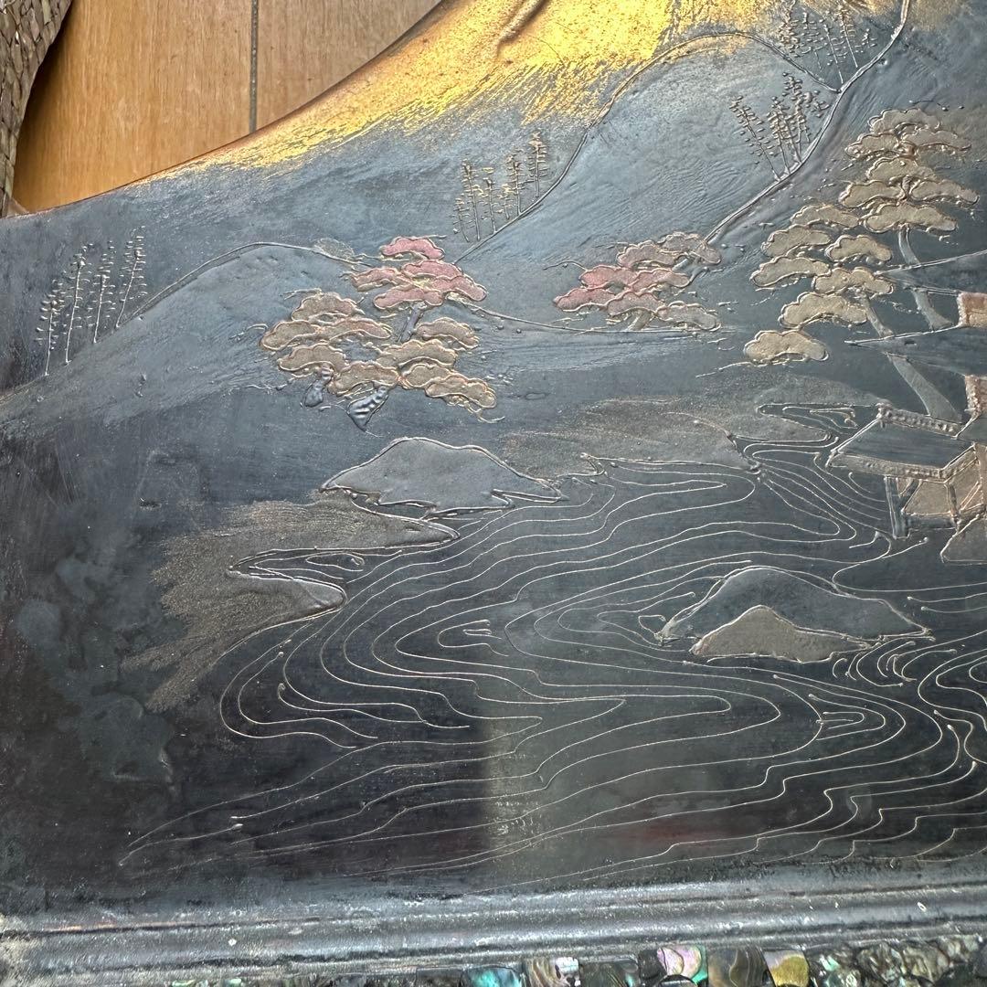時代物 木製 螺鈿細工 富士山 刀掛け 3本掛 高さ約40.5cm 螺鈿