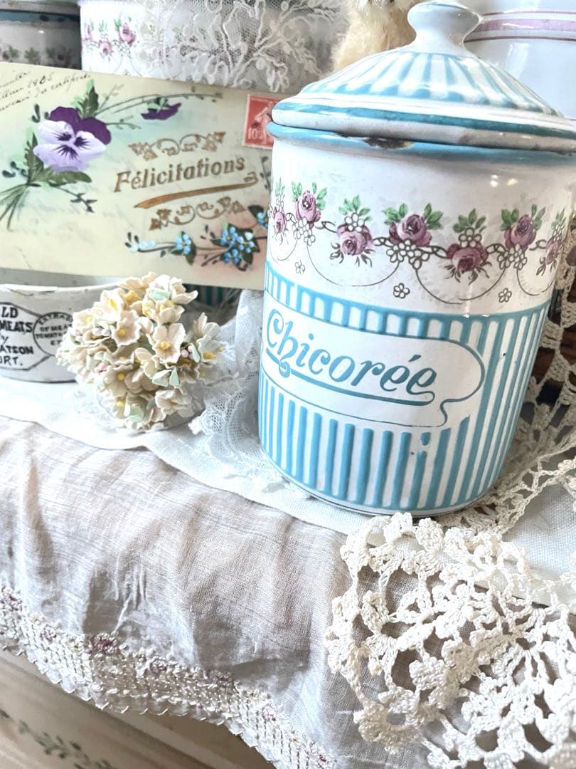 フランスアンティーク BB社ローズガーランドホーローキャニスター·͜· ♡