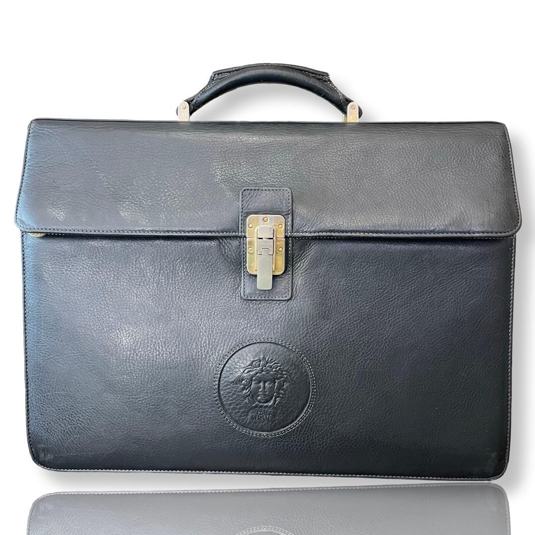 ヴェルサーチ ビジネスバッグ ブリーフケース レザー メデューサ 黒 A4 サッチェルバッグ ブリーフケース ビジネスバッグ 本革 ヌメ革 斜