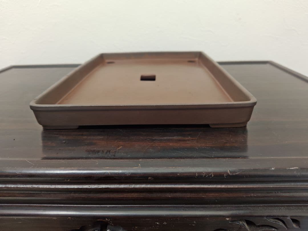 ブラウン長方形陶器製中型盆栽鉢 約31cm x 23cm×3cm 落款あり