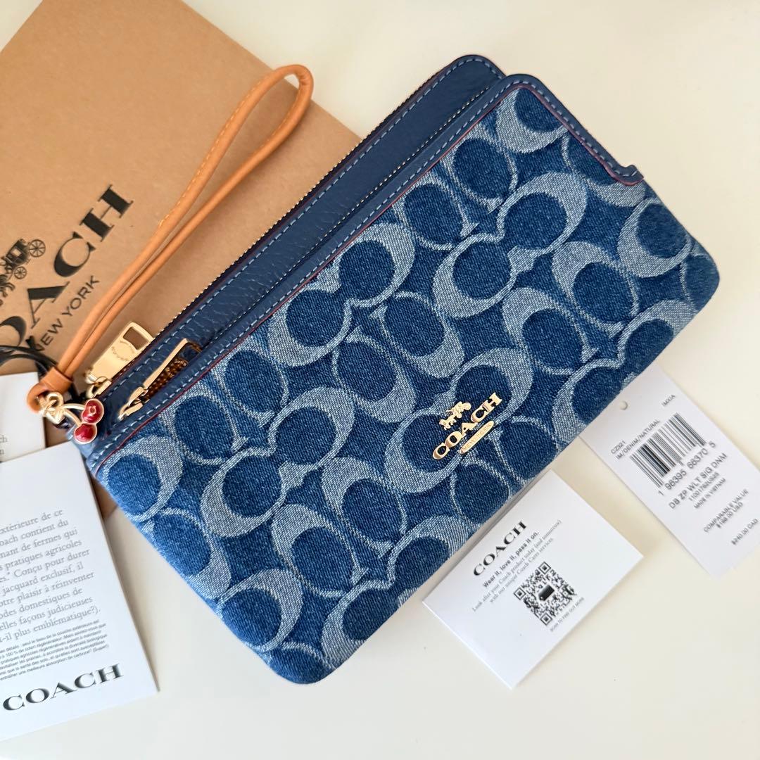 COACH コーチ　ダブルジップポーチ　長財布　リストレット たチェリー　デニム