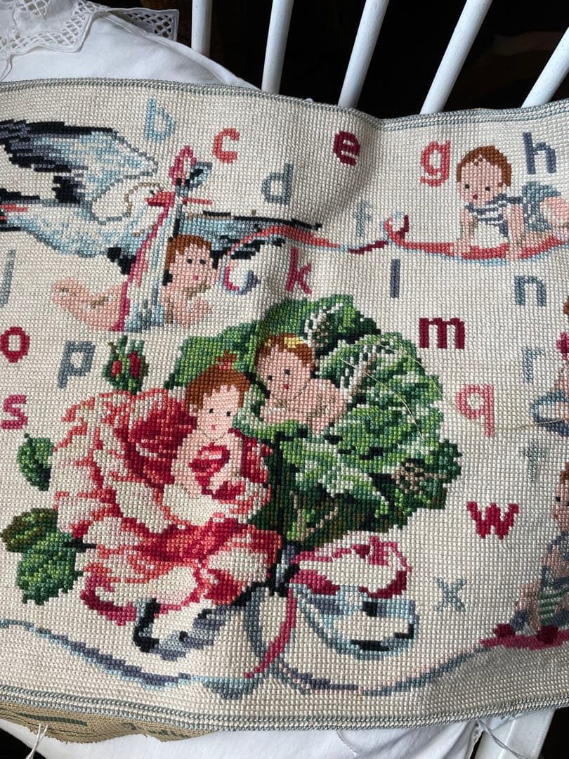 アメリアンティーク　サンプラー　アルファベット　刺繍　プチポアン　レア