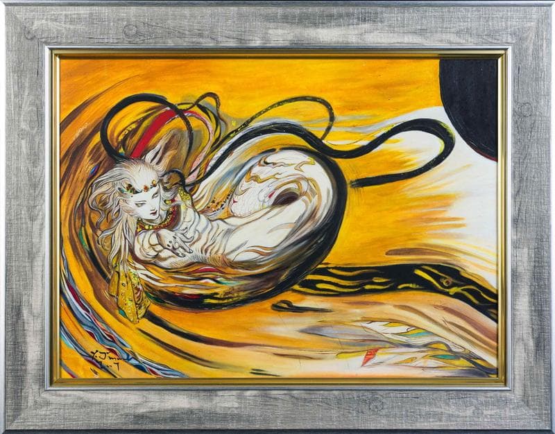 天野喜孝　油彩　肉筆『飛天風神』表サイン　裏サイン　P8号　額装　b767
