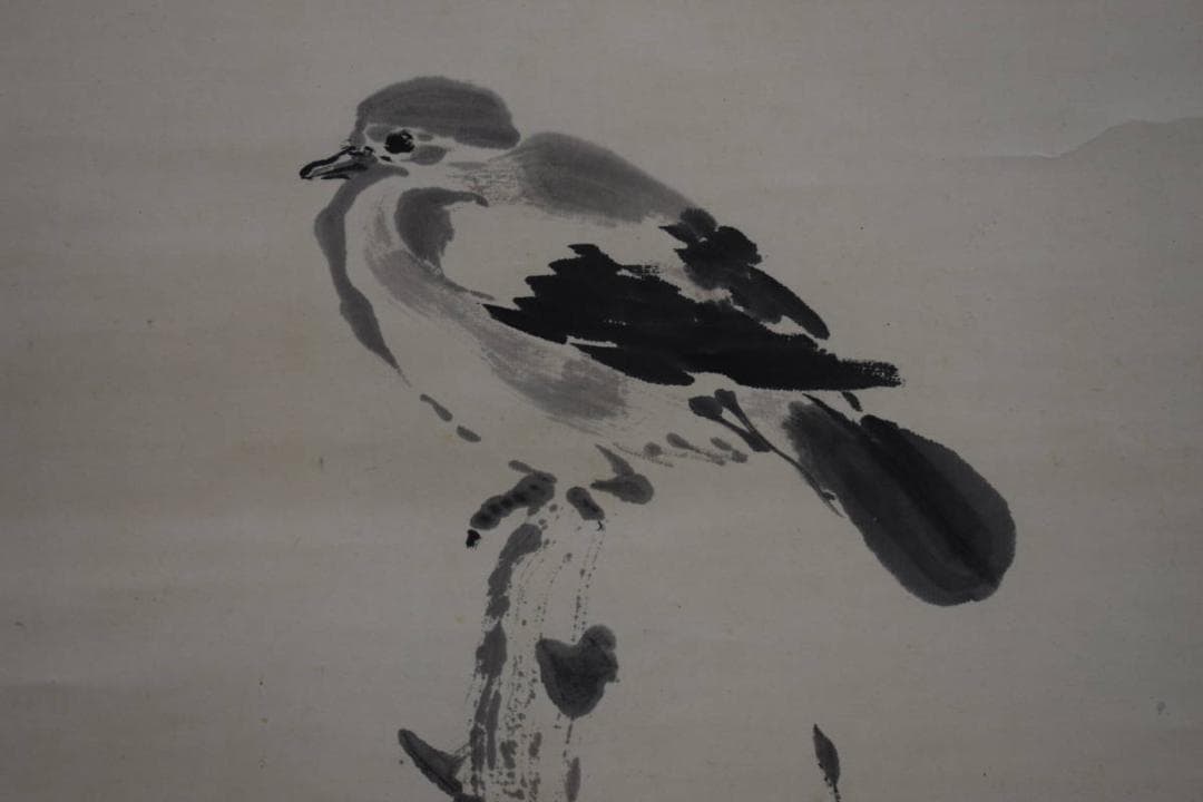 模写/川合玉堂/枯木之鳩図/屋久杉箱二重箱付/絹表装/布袋屋掛軸HG-114