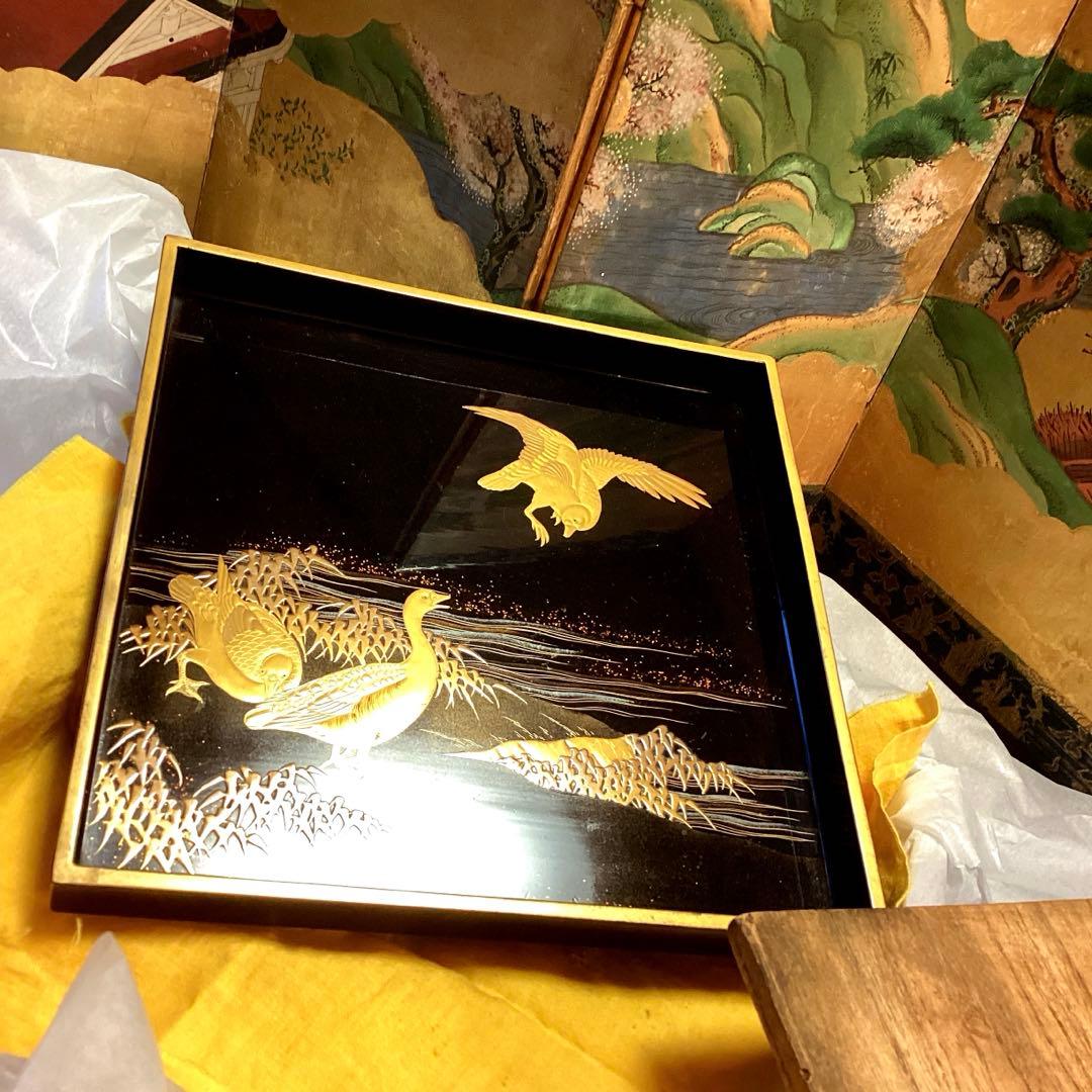 A1020木製輪島塗　水辺に雁　金蒔絵盆　金縁　蒔絵　菓子盆　香盆