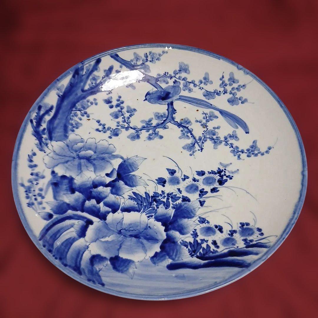 骨董大皿、サイズ46センチ青い花と鳥の陶器プレート