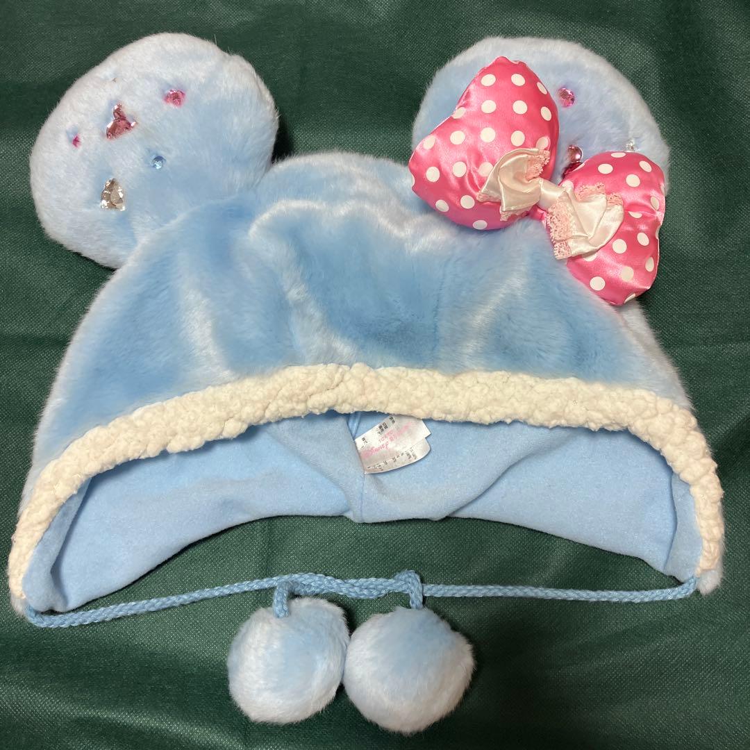 ディズニー ミニー ファンキャップ ビジュー 水色 水玉 リボン 廃盤品