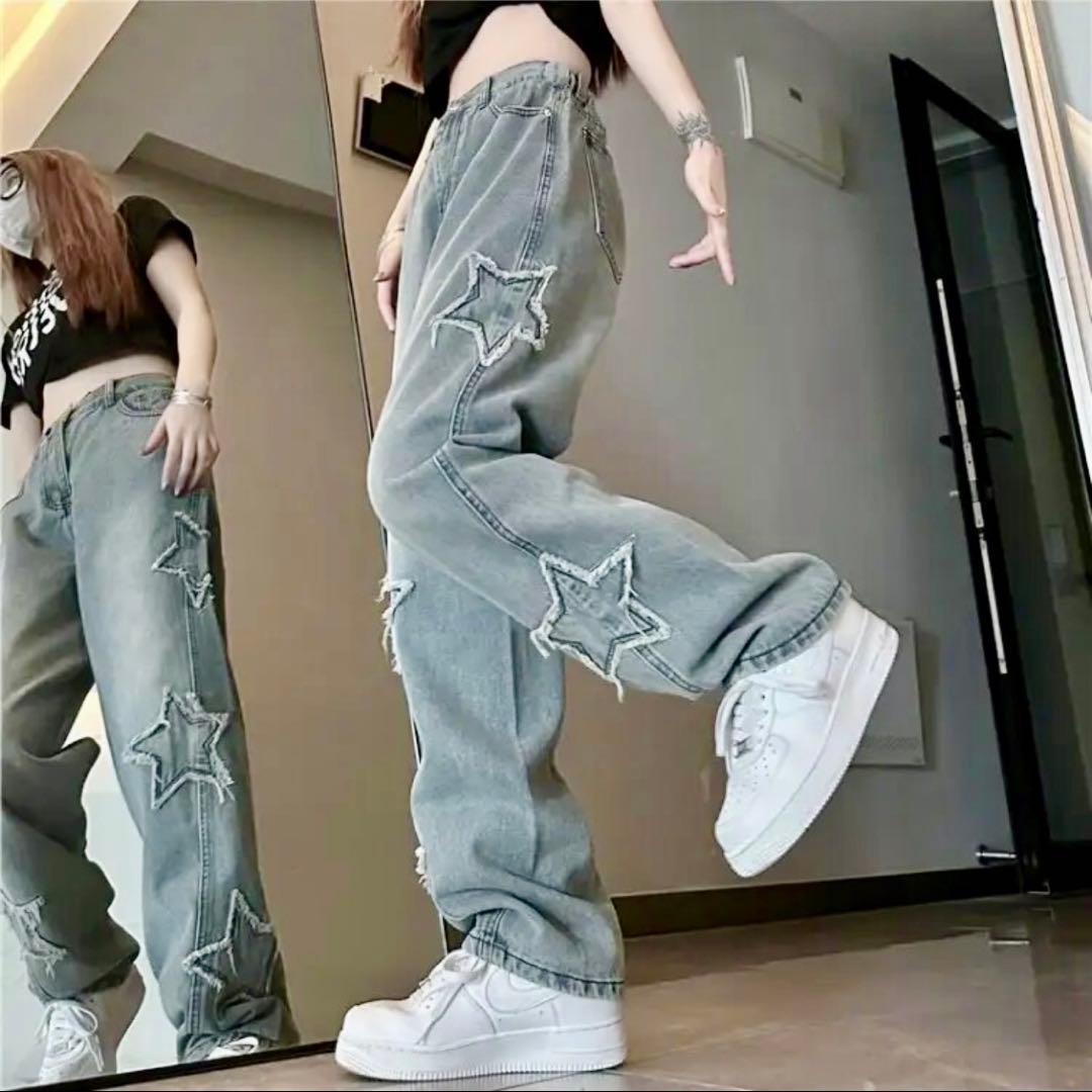 デニム 星柄 刺繍 ワイド ルーズデニム ダンス ヒップホップ 韓国 y2k